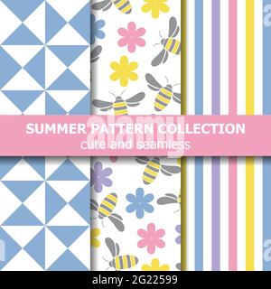Cute summer pattern collection. Bees theme. Summer banner. Vector Stock Vector