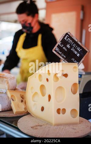 Emmental de Savoie cheese on sale at Cazals sunday market Stock Photo