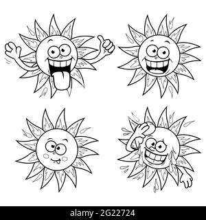 Cartoon funny summer sun set. Black and white coloring page. Stock Photo
