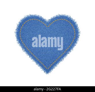 Denim heart shape with seam. Torn jean patch with stitches. Vector realistic illustration on white background Stock Vector