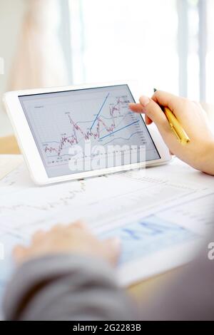 Close-up Of Businesswoman Analyzing Graph On Digital Tablet Stock Photo
