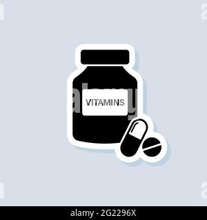 Vitamins sticker. Pills icon. Medical logo. Tablets for health. Vector on isolated background. EPS 10. Stock Vector