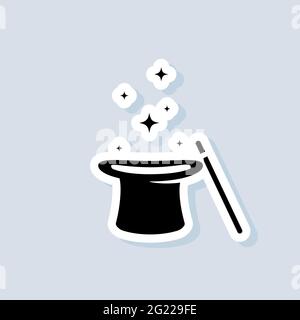 Magic sticker. Wand magic hat icon. Illusionist, party service or event agency. Vector on isolated background. EPS 10. Stock Vector