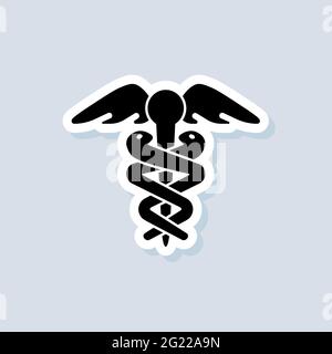 Caduceus sticker. Hermes healthcare logo. Medical sign. Vector on isolated background. EPS 10. Stock Vector