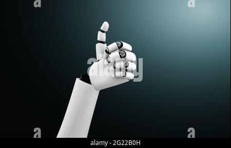 Robot humanoid hands up to celebrate goals success achieved by using AI artificial intelligence thinking and machine learning process for the 4th Stock Photo