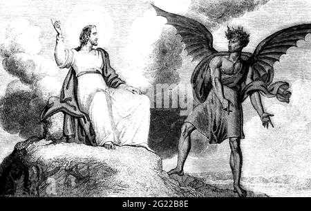 An engraved illustration of the temptation of Jesus Christ from a Georgian book dated 1836 that is no longer in copyright Stock Photo