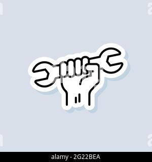 Maintenance services sticker. Professional Handy Logo services. Hand holding wrench. Vector on isolated background. EPS 10. Stock Vector