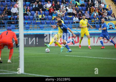 Non Exclusive: KHARKIV, UKAINE - JUNE 07, 2021 - Players are seen in action during the friendly match between the national teams of Ukraine and Cyprus Stock Photo