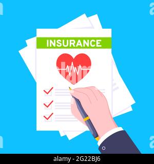 Hand signs medical insurance claim form with file paper sheets flat style design vector illustration. Concept of fill out or online survey healthcare Stock Vector