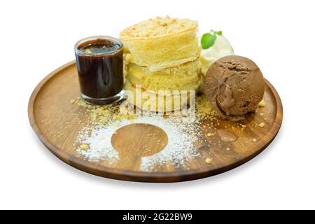 Pancake Set with ice cream chocolate on Wooden tray, focus selective. Stock Photo
