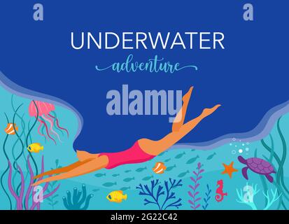 Woman diving with wild marine animals in ocean. Sea world, cute underwater creatures, coral reef, undersea fauna of tropics Stock Vector