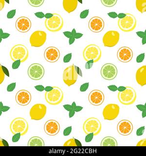 Seamless bright spring and summer pattern with lemon, tangerine, orange and lime and mint slices and leaves Stock Vector