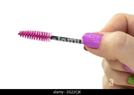 Hand holding pink brush for eyelashes and eyebrows isolated on white background. Stock Photo