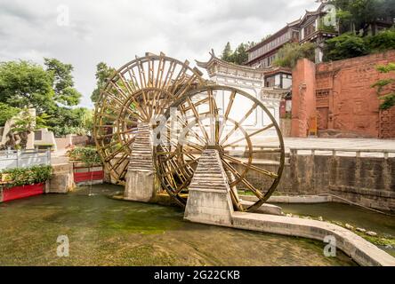 Water wheels in old town of Lijiang , Yunnan China. Stock Photo