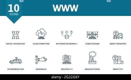 Www icon set. Contains editable icons internet of things theme such as digital technology, software networking, smart transport and more. Stock Vector