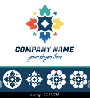 Set of abstract geometrical shape logo. Flower icon, colored and monochrome shades. Hand crafted flat design element. Vector print illustration Stock Vector