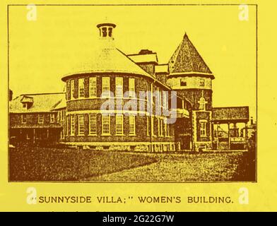 A press photograph from 1898 of the Independence State,  Asylum, Grayson County, Iowa, USA,- The image shows the Womens quarters  known as SUNNYSIDE VILLA. Stock Photo