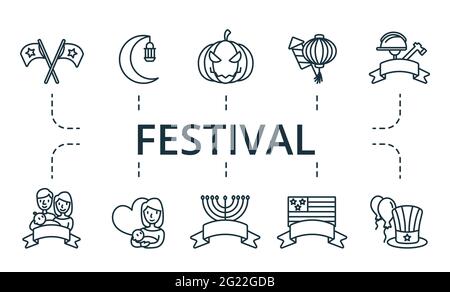 Festival icon set. Contains editable icons theme such as labor day, halloween, hanukkah and more. Stock Vector