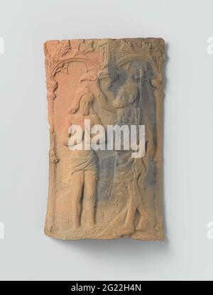 The Baptism in the river Jordan (mould with original impression). In the Middle Ages many cheap, simple religious items were produced, such as this terracotta pax. The mould was created directly from the costly ivory pax adjacent. While the scene of the baptism of Christ is an exact copy, the heraldic shield is omitted. This group of three objects shows how luxury works of art inspired cheap serial products.