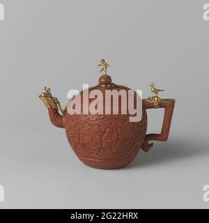 TEAPOT WITH GILDED FITTING. Teapot of red stoneware with a spherical body, curved spout and square ear ending in a curl. With a plated bronze frame with chain, boy and two birds. On the abdomen a wide bond with a boy between flower drinks in relief. On the shoulder and above the foot a bond with tendrils. The lid with flower drinks. On the spout lotus drinks and the ear with insects. Yixing. Stock Photo