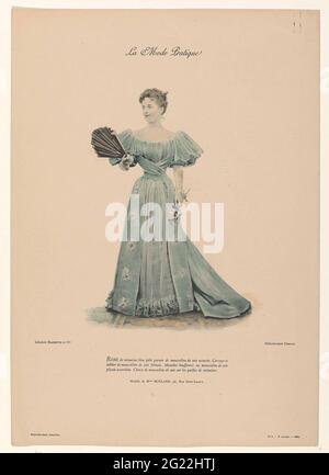 La Mode Pratique, 1894, 3rd Année, No. 5: Robe De Veloutine Bleu (...). A woman in a shapon of light blue veloutine (cotton velvet) topped with matching silk muslin. The bodice and 'tabler' are made of frowned silk muslin. The puff sleeves are from 'silk muslin' with pleats. MODEL OF MOSLARD. Print from the La Mode Pratique mode magazine (1891-1938). Stock Photo