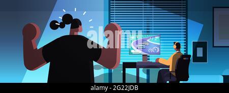 mother shouting at son gamer playing video game on computer boy in headphones sitting in front of monitor Stock Vector