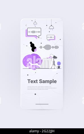 podcaster talking to microphone recording podcast in studio podcasting online radio interview broadcasting Stock Vector