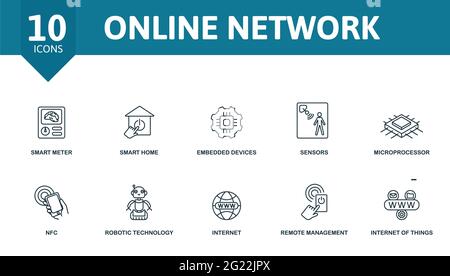 Online Network icon set. Contains editable icons internet of things theme such as smart meter, embedded devices, microprocessor and more Stock Vector