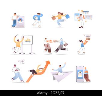 set businesspeople in different poses mix race people in various situations cartoon characters collection Stock Vector