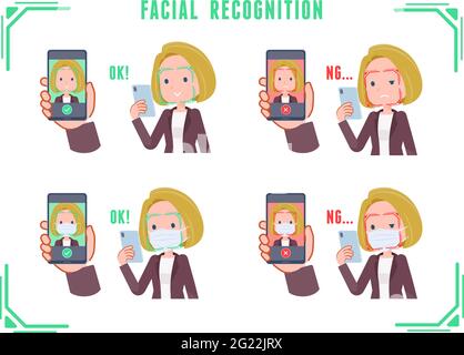 A set of blond hair business women doing facial recognition on their phones.It's vector art so easy to edit. Stock Vector