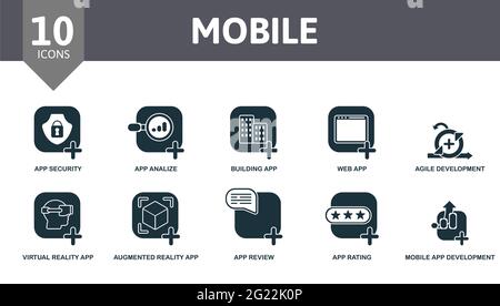Mobile icon set. Contains editable icons mobile app development theme such as app security, building app, agile development and more. Stock Vector