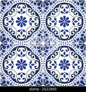 Lisbon Azulejo tiles seamless vector decorative pattern, Portuguese indigo retro design with flowers, swirls and geometric shapes Stock Vector