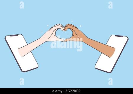 Dating in internet and multiracial love concept. Hands of mixed race woman and man forming heart shape with fingers from smartphones screens vector illustration  Stock Vector