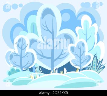 Flat winter forest. Beautiful frosty landscape with snow covered trees. Illustration in simple symbolic style. Funny scene. Comic cartoon design Stock Vector