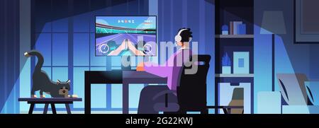 virtual gamer playing online video game on computer man in headphones sitting in front of monitor Stock Vector