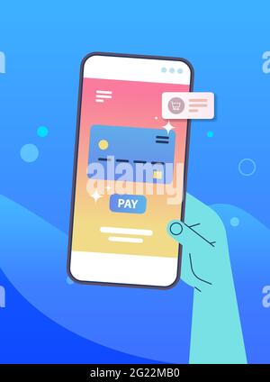 hand using mobile banking app with credit card on smartphone screen online shop web buying or paying Stock Vector