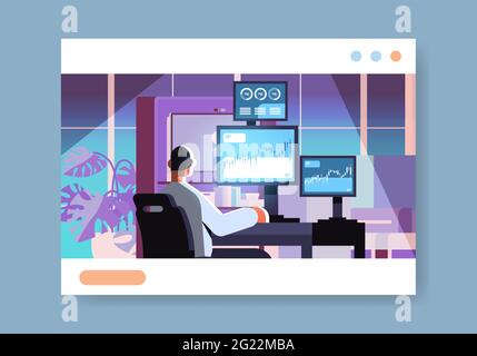 man trader stock market broker analyzing charts graphs and rates on computer monitors at workplace Stock Vector