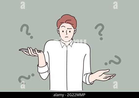 Unknown phone number emotion concept. Frustrated young man cartoon character standing looking surprised and shrugging his shoulders after getting phone call from unknown person vector illustration Stock Vector