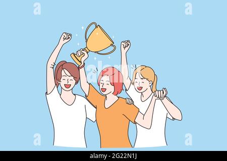 Winning, success, celebration victory concept. Group of smiling happy girls team cartoon characters standing holding golden prize for first place in hands celebrating victory vector illustration  Stock Vector