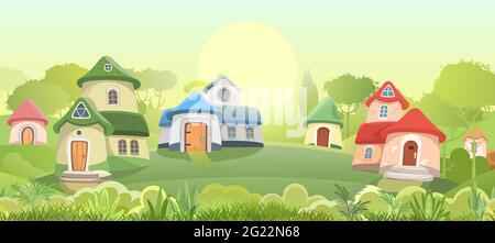 Village of gnomes. Fabulous town with cute little houses. Beautiful cartoon green landscape. Meadow against background of forest. Childrens Stock Vector