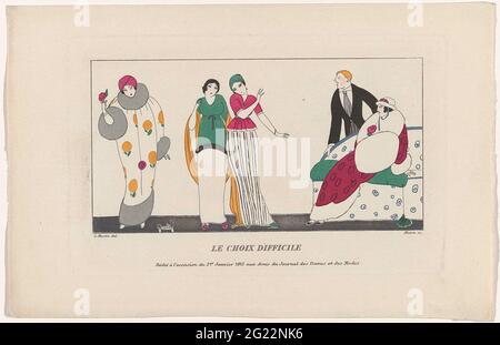 Journal des Ladies et des Modes, 1er Janvier 1913: Le Choix Difficile. Three mannequins show clothes to a customer and seller. According to the caption, it is a difficult choice for the customer. Print from the Mode magazine Journal des Laden et des Modes (1912-1914). Print from the Mode magazine Journal des Laden et des Modes (1912-1914). Stock Photo