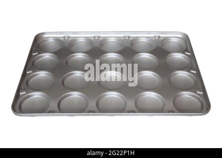 Empty metal baking tray isolated on white.  Cake baking tray. Stock Photo