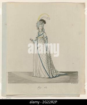 Moden gallery, 1795, fig. 62, T 34: English woman in evening dress. English woman with a light blue 'chiffonet' from Atlas (silk), trimmed with silver and silk fringes, decorated with a black curled feather and a white and yellow ostrich. Skirt from white muslin. Jap of muslin is manufactured in a Russian way. Long under-sleeving of blue atlas. Short up sleeves, decorated with a large pearl. The completely trimmed with blue and silver fringes. To the neck a fichu with diamonds pin. Further accessories: diamond earrings, two pearl necklaces around the neck, belt, impeller, white with silver emb Stock Photo