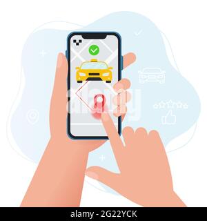 Online taxi service concept. Hand holding smartphone with taxi application. Vector illustration in flat style Stock Vector