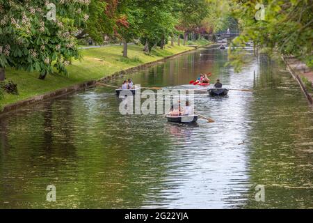 Families boating on The Royal Military Canal, Hythe, Kent, UK Stock Photo