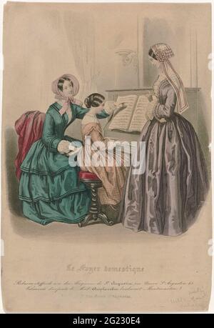 Le Foyer Domestique, ca. 1850: Robes and Etoffes De Soi (...). Interior with girl behind the piano and two ladies. According to the caption, they wear shapes from side from the stores of St. Augustin. The children's clothing is from Madame Deplanches. Stock Photo