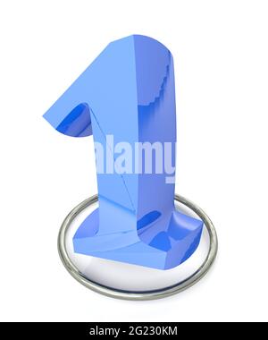 Number 1 blue over metallic circle on white background - 3D rendering illustration Stock Photo