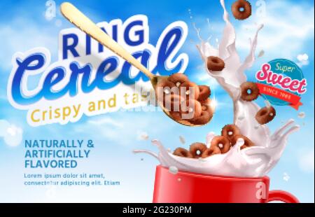 Realistic chocolate ring cereal falling into a cup from a spoon with a splash of milk on blue sky background. 3d illustration of crispy and tasty ring Stock Vector