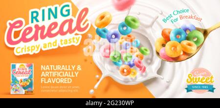 3d illustration of multicolor ring cereal falling in milk from a spoon. Ring cereal advertisement banner Stock Vector