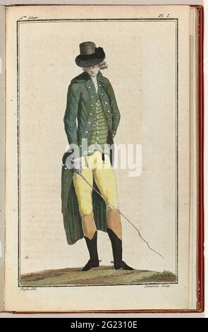 Cabinet des Modes Ou Les Modes Nouvelles, 1 Juillet 1786, pl. I. Man in Rijkostuum. According to the accompanying text, the man, who is about to climb his horse, dressed in a green 'habit' with lapel, lined in the same color 'Vert Dragon'. The lapel, sleeves and jacket bags' à la marinière '', are equipped with white pearly nuts. Under the jacket a green vest with golden stripes. Yellow knee pants from deer leather. (knee socks?) Black English boots with silver traces. English hat with black hat on which a large buckle of steel. Purple leather gloves. Two watches, one to a breloque, the other Stock Photo